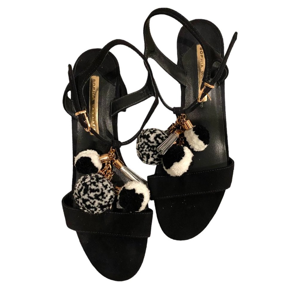 Sophia Webster Juno Pom-Pom Suede T-Strap Block Heel Sandals in Cookies & Cream